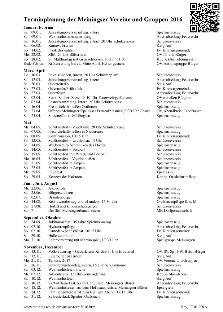 Terminplanung der Meiningser Vereine und Gruppen 2016