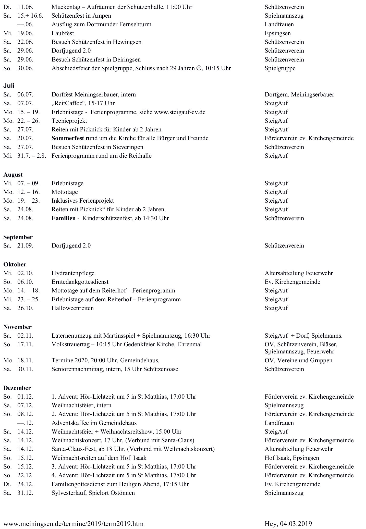 Terminplanung 2019